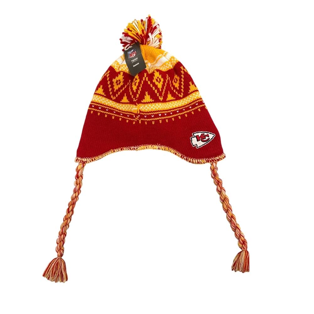 NFL Kansas City Chiefs Red Yellow Fleece Lined Tassel Beanie Hat One Size NWT